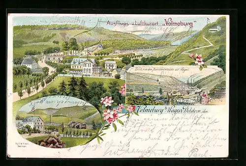 Lithographie Hagen-Delstern, Gasthaus Volmeburg, Blick von den Aussichtsterrassen auf Hagen, Panorama