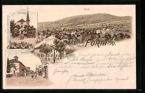 Lithographie Fürth i /O., Katholische Kirche, Amtsgericht, Rathaus