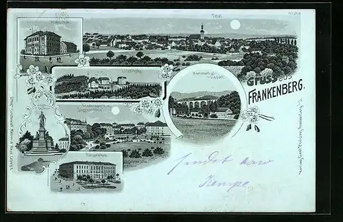 Mondschein-Lithographie Frankenberg, Lützelhöhe, Hammerthal-Viadukt, Realschule