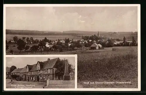 AK Emmerichenhain /Westerwald, Gesamtansicht, Geschäft Ernst Grimm, Kriegerdenkmal