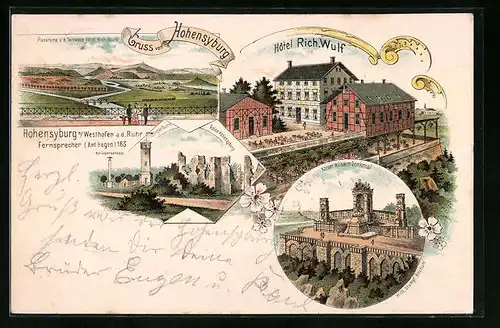 Lithographie Hohensyburg, Hotel Rich. Wulf, Nincke-Thurm, Kaiser Wilhelm Denkmal