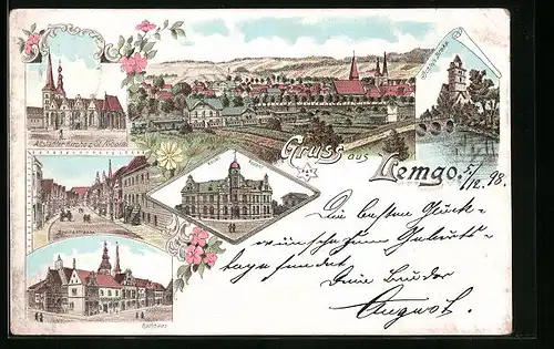 Lithographie Lemgo, Ortsansicht aus der Vogelschau, Kirche St. Nicolai, Rathaus