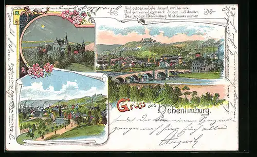 Lithographie Hohenlimburg, Ortsansicht mit Brücke, Ortseingang