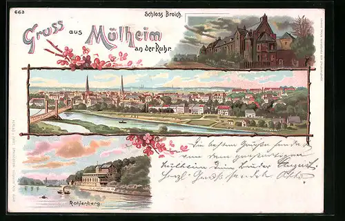 Lithographie Mülheim /Ruhr, Schloss Broich, Panorama vom Wasser aus, Kahlenberg