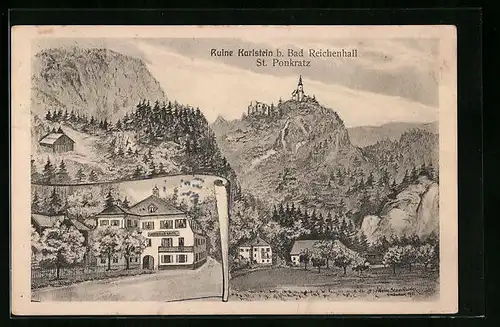 Künstler-AK Bad Reichenhall, Ruine Karlstein, St. Ponkratz, Gasthaus Kaitl