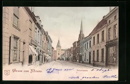 AK Moers, Neustrasse mit Kirchturm