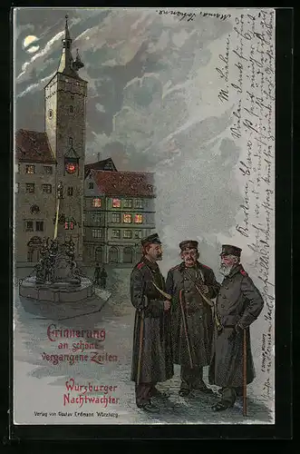 Lithographie Würzburg, Nachtwächter im Gespräch