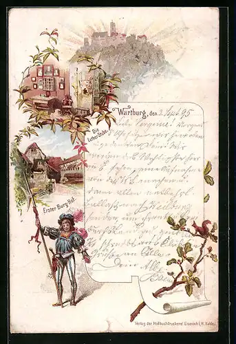 Vorläufer-Lithographie Wartburg, 1895, Erster Burghof, Luther-Stube
