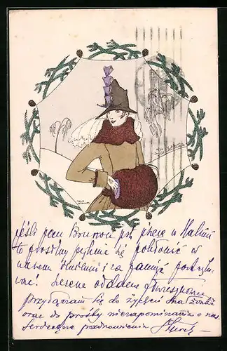 Künstler-AK Mela Köhler: Dame mit Muff im Winter