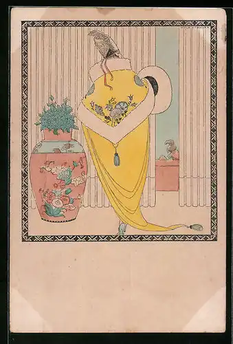 Künstler-AK Mela Köhler: Frau im Pelzmantel mit Vase