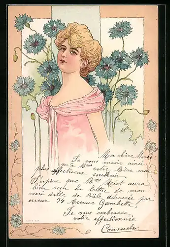 Lithographie Dame umgeben von Kornblumen, Jugendstil