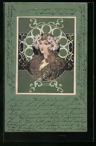 Lithographie Dame mit wallendem Haar, Jugendstil