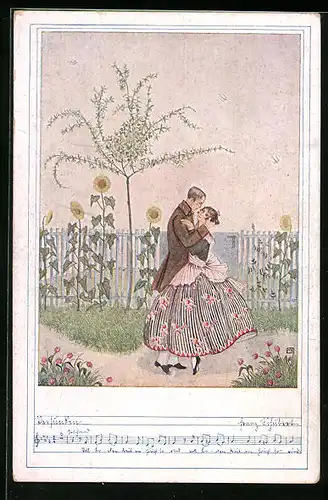 Künstler-AK Mela Köhler, Deutscher Schulverein Nr. 1225: Liebespaar im Garten mit Sonnenblumen