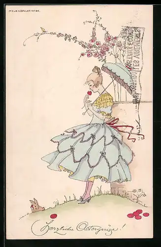 Künstler-AK Mela Köhler: Ostergrüsse, Blondine im edlen Kleid an einer Rose riechend