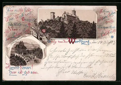 Vorläufer-Lithographie Eisenach, 1893, Wartburg in Gesamtansicht, Wartburg-Restaurant