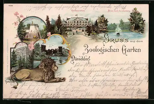 Lithographie Düsseldorf, Zoologischer Garten, Restaurant, Kamel- und Elefantenhaus