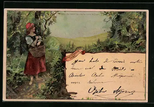 Lithographie Petit Chaperon rouge, Halt gegen das Licht: Der böse Wolf versperrt Rotkäppchen den Weg