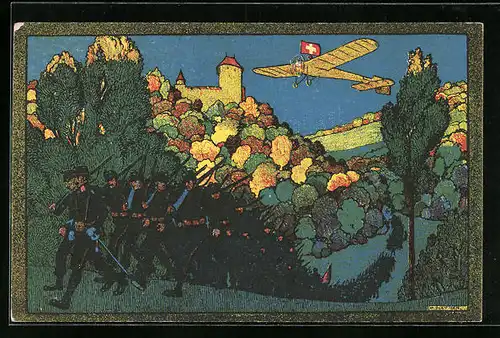 Künstler-AK Schweizerische Nationale Flugspende 1913, marschierende Soldaten und Flugzeug