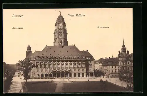 AK Dresden, Neues Rathaus, Ring- und Kreuzstrasse