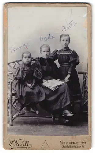 Fotografie Carl Wolff, Neustrelitz, Schlosstrasse 14, Drei Mädchen in dunklen Kleidern