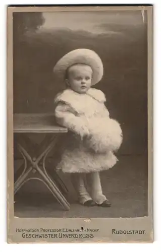 Fotografie Geschwister Unverdruss, Rudolstadt, Portrait niedliches kleines Mädchen im Pelzkleid mit Muff und Hut