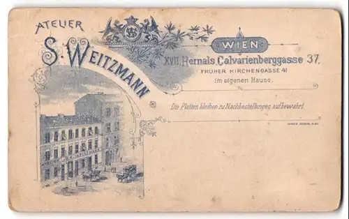 Fotografie S. Weitzmann, Wien, Calvarienberggasse 37, Ansicht Wien, Frotn des Ateliershauses mit Pferdebahn
