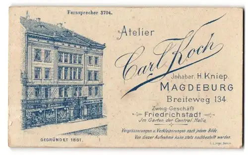 Fotografie Carl Koch, Magdeburg, Breiteweg 134, Ansicht Magdeburg, Front mit Schaufenstern des Ateliers