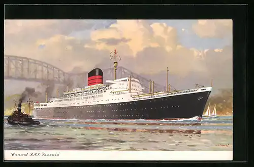 AK Passagierschiff Cunard RMS Saxonia eine Hochbrücke passierend