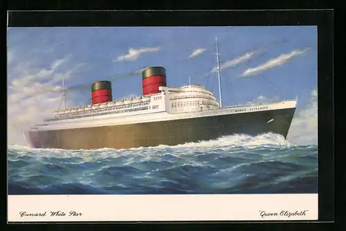 AK Passagierschiff Cunard White Star, RMS Queen Elizabeth gibt Volldampf