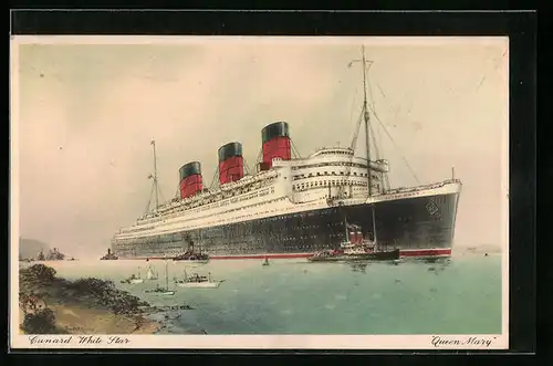 AK Passagierschiff Cunard White Star, RMS Queen Mary in Küstennähe