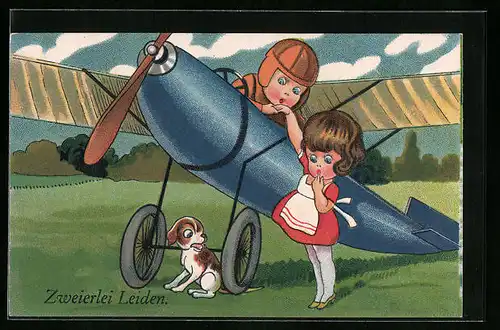 Künstler-AK Pilot flirtet mit der Geliebten, Rad eines Flugzeuges auf dem Schwanz eines Hundes