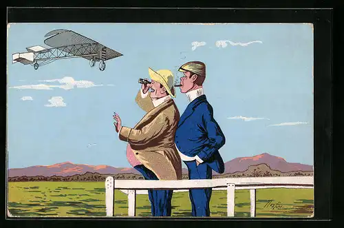 Künstler-AK Segelflugzeug in der Luft wird von zwei Herrschaften beäugt