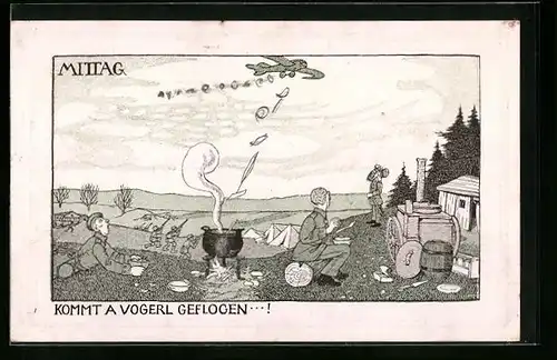 Künstler-AK Kommt a Vogerl geflogen...!, Soldaten beschiessen ein Flugzeug