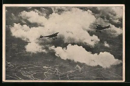 AK Luftkampf zwischen einem Deutschen und einem Französischen Flugzeug