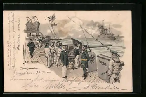 Lithographie Seemanöver eines Kriegsschiffes, Breitseitenfeuer