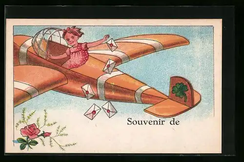 Künstler-AK Kleines Mädchen verteilt die Post mit einem Flugzeug, Kleeblätter