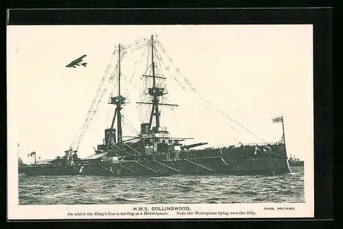 AK Kriegsschiff HMS Collingwood im Hafen, Wasserflugzeug darüber