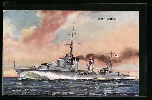 Künstler-AK Kriegsschiff HMS Somali gibt Volldampf
