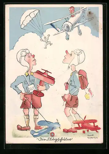 Künstler-AK Wir Flugschüler, Knirpse schauen einem Fallschirmspringer und einem Piloten im Einsatz zu