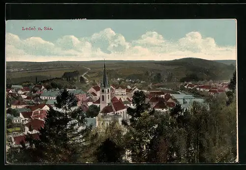 AK Ledec n. Sáz., Ortsansicht mit Kirche und Wolken