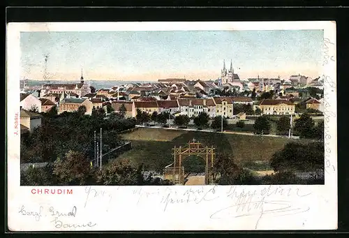 AK Schumberg / Chrudim, Ortsansicht mit Kirche und Park