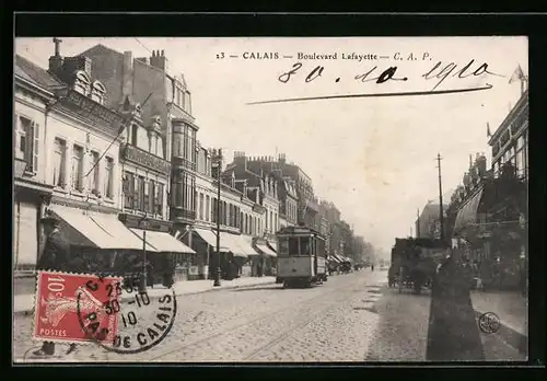 AK Calais, Boulevard Lafayette, Strassenbahn