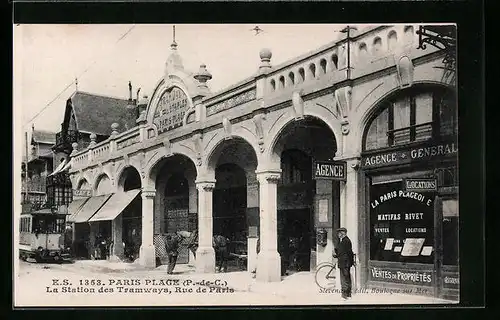 AK Paris-Plage, La Station des Tramways, Rue de Paris, Strassenbahn