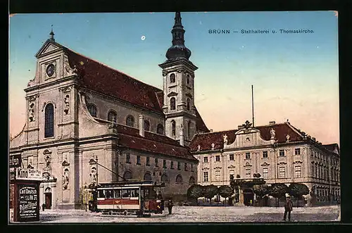 AK Brünn, Statthalterei und Thomaskirche, Strassenbahn