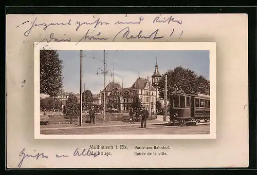 AK Mülhausen /Elsass, Partie am Bahnhof, Strassenbahn