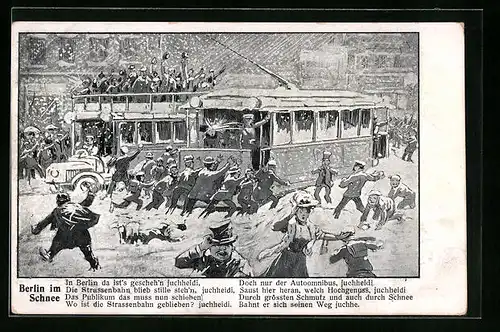 Künstler-AK Berlin, Strassenbahn bleibt im Schnee stecken