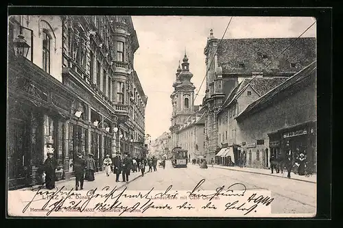 AK Linz a. d. Donau, Landstrasse mit Cafe Central, Strassenbahn