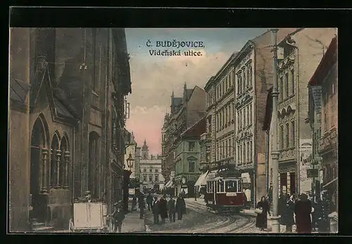 AK C. Budejovice, Videnská ulice, Strassenbahn