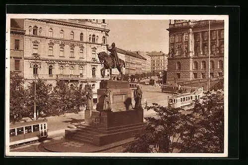 AK Prag, Wenzelsplatz mit Strassenbahnen