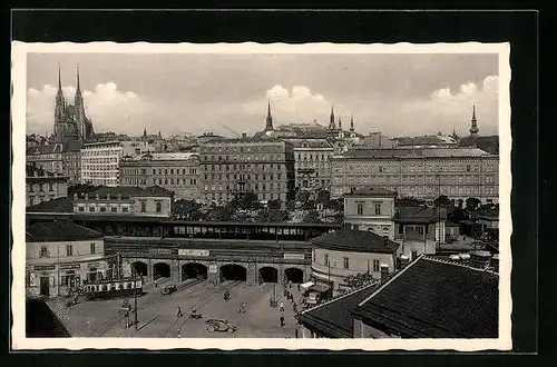 AK Brünn, Teilansicht mit Strassenbahn und Bahnhof